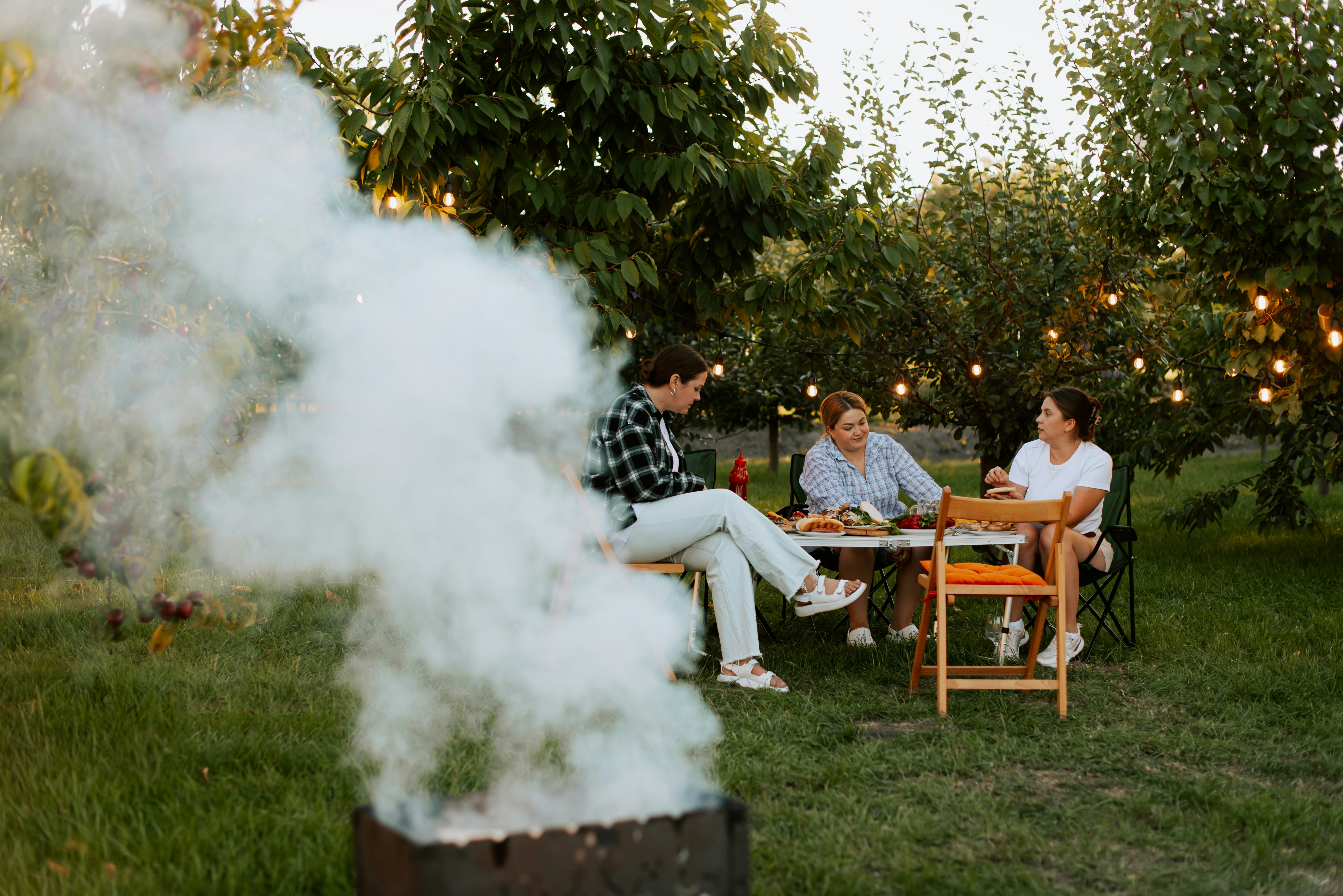 Neighbors sharing an outdoor dinner with string lights